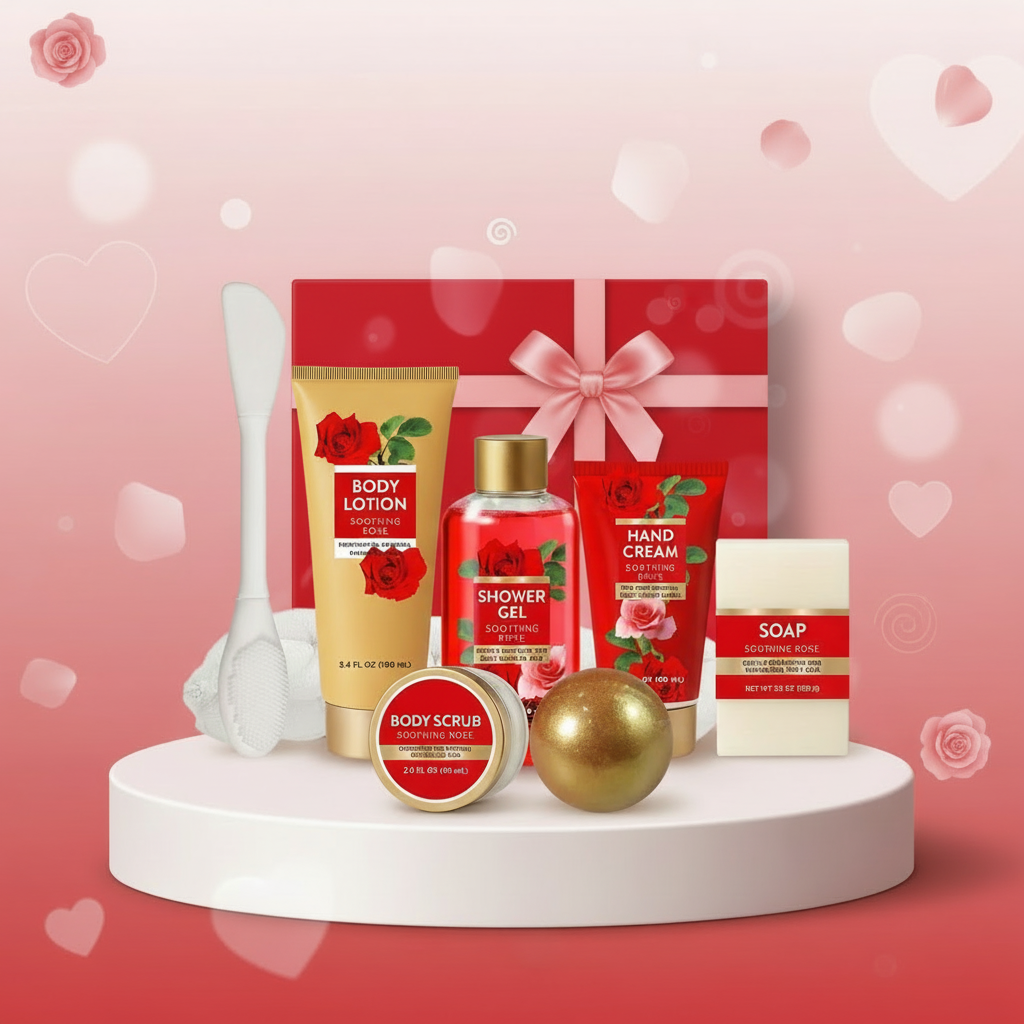 Skincare product set with body lotion, shower gel, hand cream, soap, and scrub in front of a red gift box.