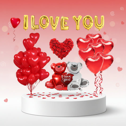 Valentines Day Balloon Kits, Red Heart, I Love You and Teddy Bear Balloons Rose Petals, Foil Latex, Gold Red