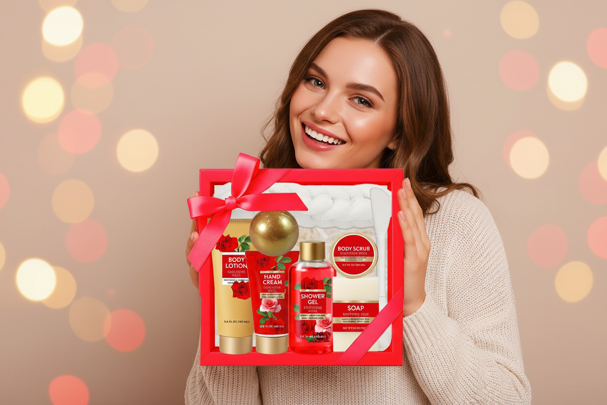 Gift set with body lotion, hand cream, shower gel, soap, and body scrub in a red box held by a person.